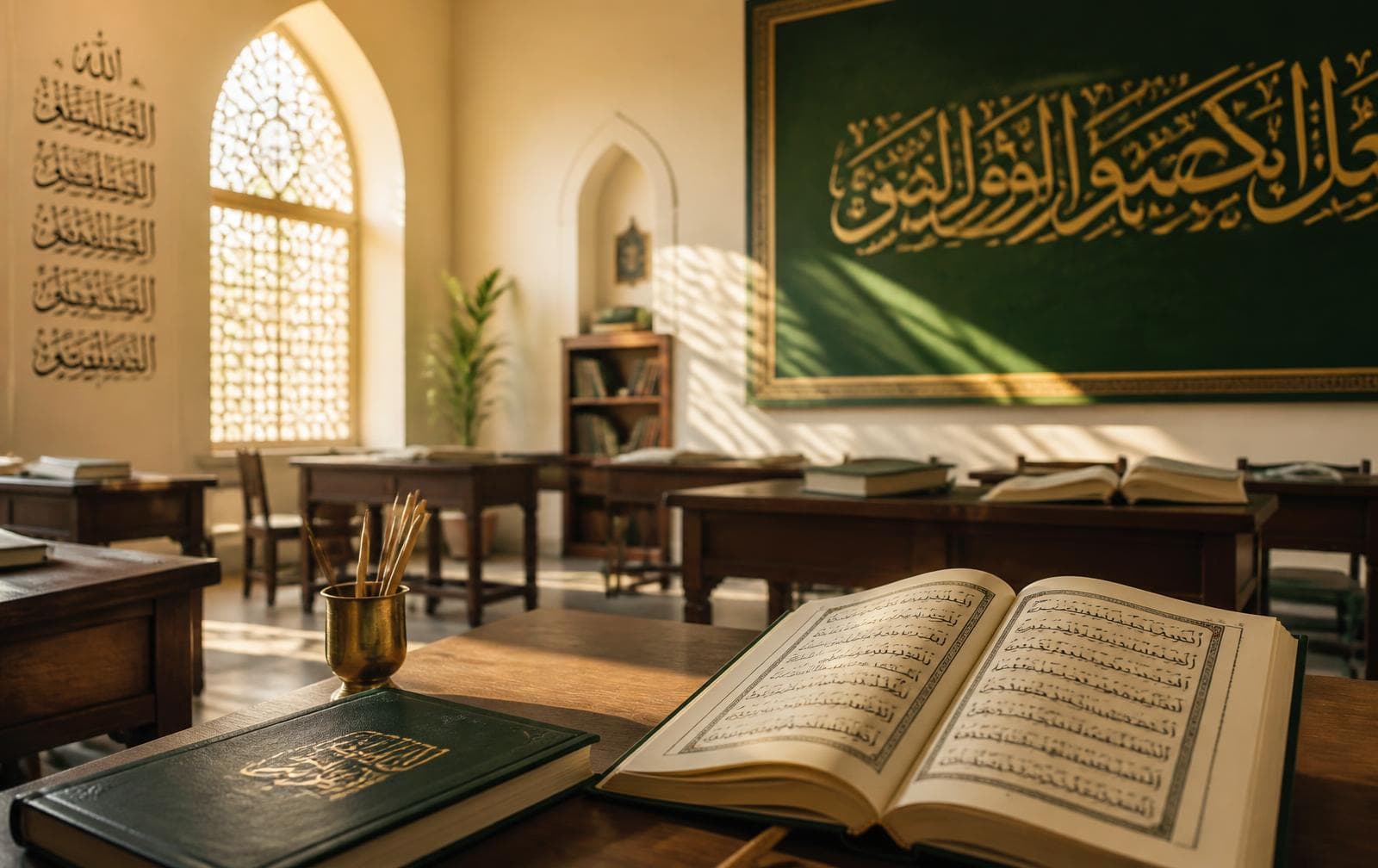 Sunlit classroom at MAS Tarbiya Institute with open Qur'an and Arabic calligraphy